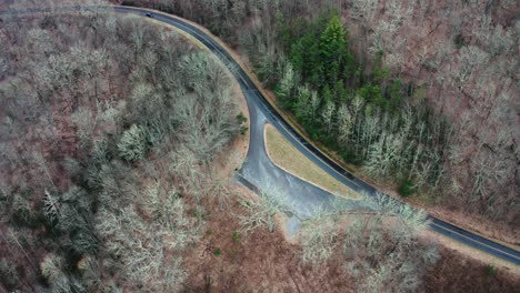 Car-driving-through-forest-and-parking-at-hillside-parking-lot