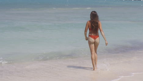 Dama-Dominicana-En-Bikini-Camina-Desde-La-Playa-De-Arena-Para-Bañarse-En-El-Cálido-Mar-Tropical-En-Playa-Teco-Maimon-Resort