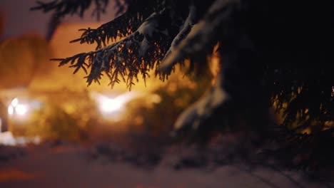Stunning-close-us-of-pine-tree-Needles-with-white-snow,-winter-season-Christmas-concept