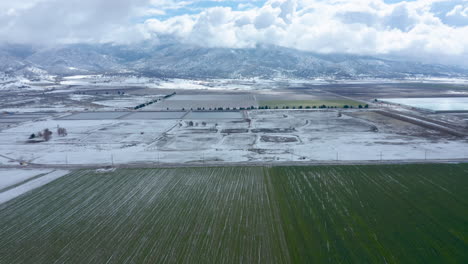 Flying-over-a-green,-snowy-field-in-the-vast-landscape-of-Tehachapi,-CA
