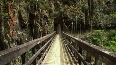 Suspension-walking-bridge-crossing-canyon-in-wild-New-Zealand,-no-people