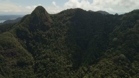 Luftaufnahme-Nach-Oben-Zeigen-Aufnahme-Von-Regenwaldbedeckten-Bergen-Auf-Einer-Tropischen-Insel-In-Thailand