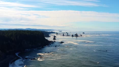 Stunning-aerial-drone-tilting-up-shot-of-the-gorgeous-Third-Beach-in-Forks,-Washington-with-large-rock-formations,-surrounded-by-a-pine-tree-forest-on-cliffs,-and-golden-sand-on-a-warm-summer-morning