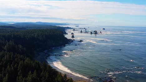 Stunning-dolly-in-aerial-drone-shot-of-the-gorgeous-Third-Beach-in-Forks,-Washington-with-large-rock-formations,-surrounded-by-a-pine-tree-forest-on-cliffs,-and-golden-sand-on-a-warm-summer-morning