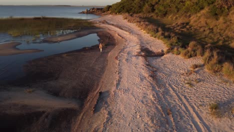 Filmischer-Rückwärtsflug-Einer-Person,-Die-Am-Seeufer-Bei-Einem-Wunderschönen-Sonnenuntergang-In-Der-Nähe-Der-Laguna-Negra-In-Uruguay-Spazieren-Geht
