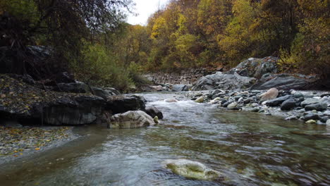 Bergfluss-Wasserfluss-Mit-Roten-Und-Gelben-Bäumen-Herbstlaub-Luftaufnahme