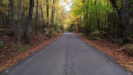 Traveling-down-Dirt-back-road-New-England-in-October-with-falling-leaves