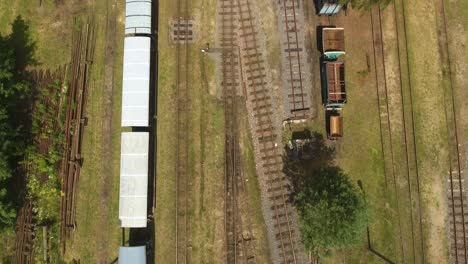 Aerial-shot-of-old-railroad-with-trains