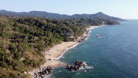 Panning-aerial-drone-clip-of-wild-lush-jungle-beaches-in-Sayulita,-Nayarit,-Mexico