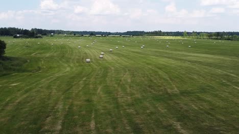 Aerial-side-to-side-of-hay-rolls-on-a-large-field-in-Estonia-during-summer