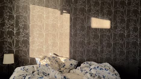 Time-lapse-of-sunrays-moving-on-wall-of-bedroom,-empty-bed