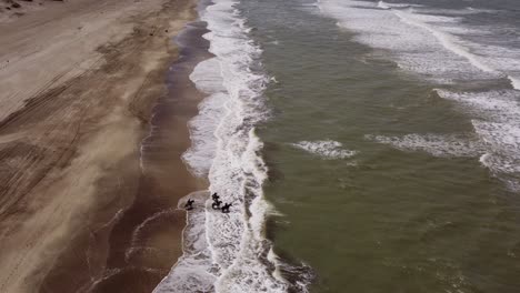 Aerial-drone-view-of-the-four-horses-on-the-beach-sand-on-a-mild-evening-at-Mar-de-las-Pampas,-Argentina