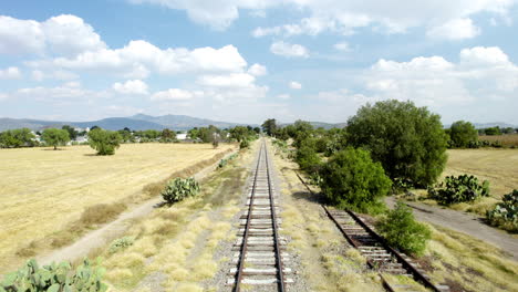 Backwards-view-with-drone-of-railroad-track-ride-near-mexico-city