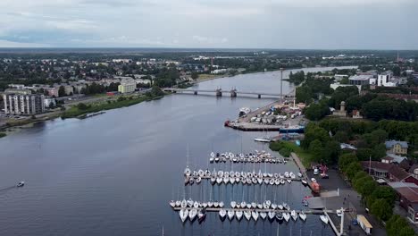 High-aerial-of-Pärnu-river-and-the-yacht-club-in-Estonia