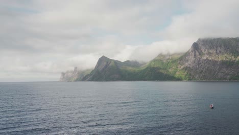 Scenic-Ocean-And-Mountains-Segla-In-Norway-On-A-Cloudy-Day---wide-shot