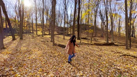 Mädchen,-Das-An-Einem-Herbstnachmittag-In-Minnesota-Auf-Einem-Wunderschönen-Wald-Spaziert,-Gelbe-Blätter-Auf-Dem-Boden