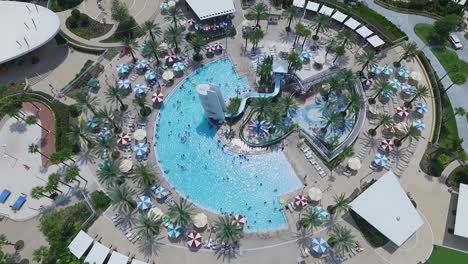 Aerial-of-the-wave-pool-at-Universal's-Cabana-Bay-beach-Resort-in-Orlando,-Florida