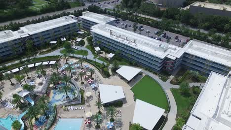 Aerial-of-the-large-pool-at-Universal's-Cabana-Bay-beach-Resort-in-Orlando,-Florida