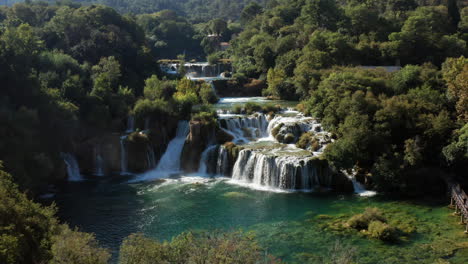 Scenic-Waterfalls-In-Krka-National-Park,-Dalmatia-Croatia,-Europe---aerial-drone-shot