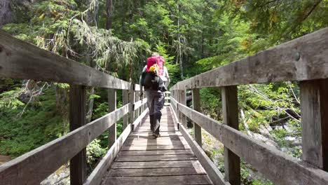 Walking-away-from-camera-on-a-Wooden-Bridge-on-Vancouver-Island