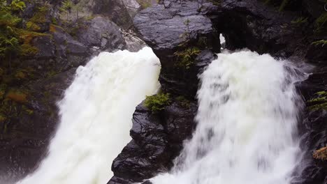 Double-sided-waterfall-filmed-in-the-spring-with-downward-camera-movement