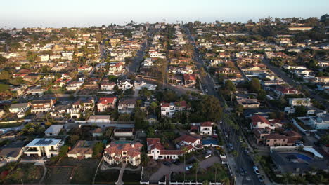 San-Diego-Cliffs-California-USA,-aerial-view-of-streets-and-buildings-in-upscale-residential-neighborhood,-revealing-drone-shot