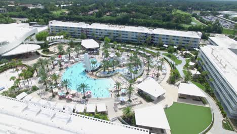 Drone-view-of-the-wave-pool-at-Universal's-Cabana-Bay-beach-Resort-in-Orlando,-Florida