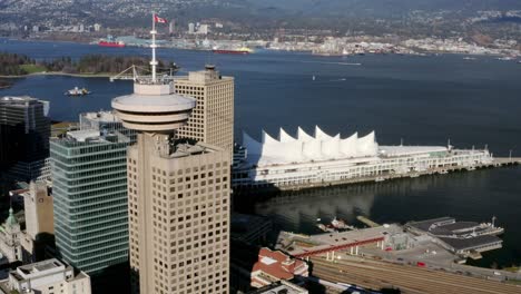 Famous-Harbour-Centre-With-Observation-Deck-Near-Canada-Place-In-Downtown-Vancouver,-Canada