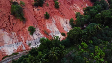 Rote-Und-Orangefarbene-Sanddünen-Und-Grüner-Tropischer-Wald-Mit-Palmen,-Luftaufnahme