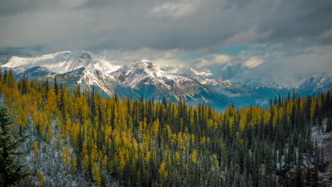 Time-lapse,-colorful-canadian-landscape-at-autumn,-larch-and-conifer-forest-under-snow-capped-peaks-and-clouds