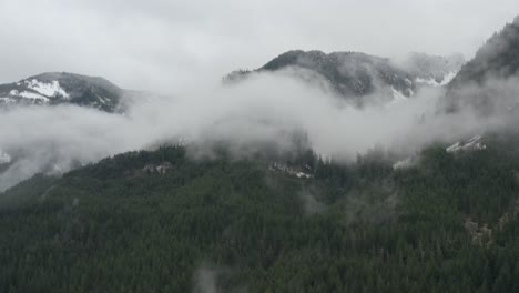 Aerial-flying-over-a-dense-green-forest-toward-Snoqualmie-Pass