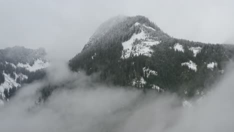 Orbiting-aerial-view-of-a-snow-capped-mountain-in-Snoqualmie-Pass