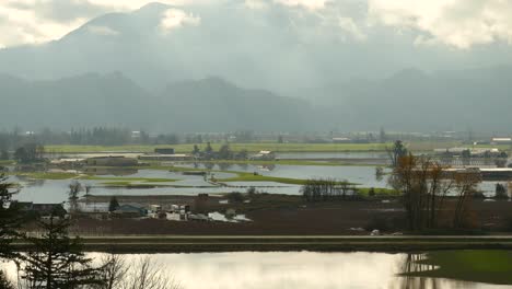 Establishing-shot-devastating-floods-at-Abbotsford-farmland-landscape,-British-Columbia