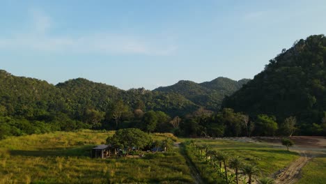Luftaufnahmen-Zu-Den-Hügeln-Und-Zum-Blauen-Himmel-Zeigen-Auch-Einen-Blumenpark-In-Khao-Yai,-Pak-Chong,-Thailand