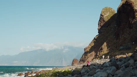 Rocky-Beach-At-Ribeira-Da-Janela,-Madeira-Island,-Portugal---wide-shot