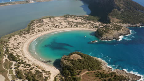 Omega-Shaped-Sand-Dunes-Of-Voidokilia-Beach-In-The-Mediterranean-Area-Of-Messinia,-Greece