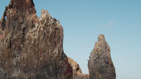 Ilheus-da-Rib-Rock-Formations-on-the-cliff-coast-of-Ribeira-da-Janela,-Madeira,-Portugal---static-shot