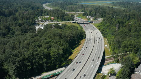 Picturesque-aerial-view-of-the-Trans-Canada-Highway-through-Burnaby,-Metro-Vancouver,-British-Columbia