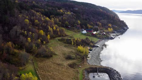 Kleiner-Kai-In-Der-Nähe-Der-Norwegischen-Hütten,-Umgeben-Von-Bäumen-Im-Herbst
