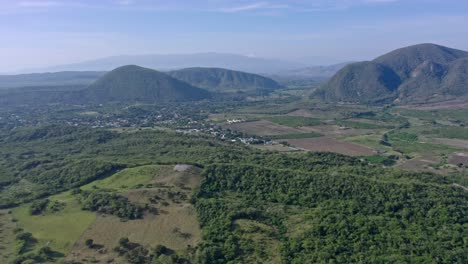 Drone-flying-over-green-fields-of-Las-Yayas,-Azua-in-Dominican-Republic