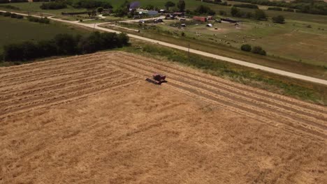 Aerial-orbit-shot-of-Red-Combine-Harvesting-Golden-Wheat-Field-during-sunlight-in-Uruguay