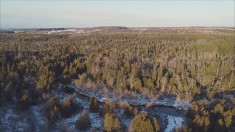 Aerial-Shot-Of-A-Winter-Forest-Landscape-Scene-During-Sunset,-River-And-Trees