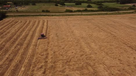 Filmische-Luftaufnahme-Eines-Mähdreschers,-Der-Gelbe-Weizenfelder-Erntet
