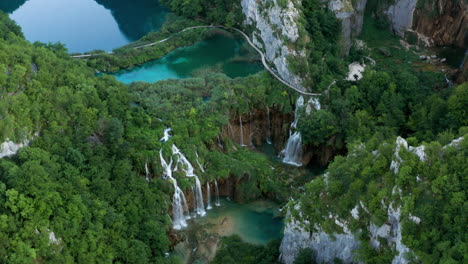 -Aerial-View-Of-Waterfalls-And-Lakes-In-Plitvice-National-Park,-Croatia---drone-shot