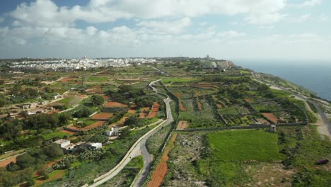 AERIAL:-Greeny-Landscape-on-Dingli-Cliffs-During-Winter-with-Farmland-and-City-in-Background