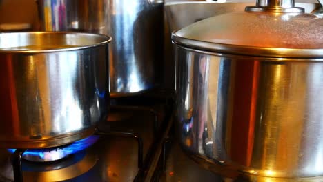 Silver-pots-cooking-Christmas-food-on-hot-gas-stove-in-family-kitchen-preparing-dinner-close-up-left-dolly