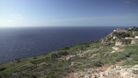 Panoramic-View-of-Blue-Mediterranean-Sea-and-Dingli-Cliffs-on-Sunny-and-Windy-Day