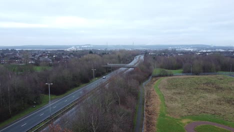 A557-Rainhill-Runcorn-Widnes-expressway-aerial-view-down-British-highway-orbit-left
