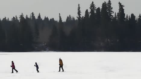 cross-country-family-of-skiers-skiing-on-a-frozen-over-lake-in-the-winter-during-a-twilight-afternoon-on-a-cold-day-as-a-professional-grade-drone-fly's-around-them-in-a-point-of-interest-video-style