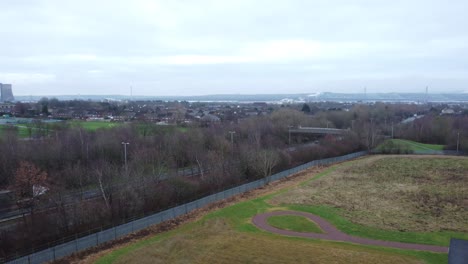 A557-Rainhill-Runcorn-Widnes-expressway-aerial-view-down-British-highway-descending-orbit-left